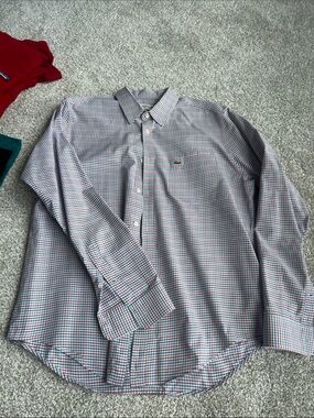Lacoste Men's Green-Accented Red and Blue Micro-Check Dress Shirt